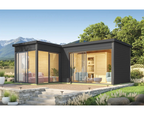 Modernes Gartenhaus mit großen Glasfronten und dunkler Holzverkleidung, umgeben von Gartenlandschaft