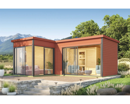 Modernes Gartenhaus mit großen Fensterflächen und Terrasse im Außenbereich.