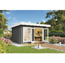 Modernes Gartenhaus mit Büroausstattung und Schiebetür
