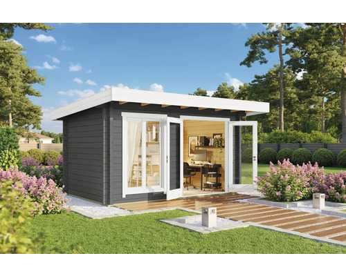 Modernes Gartenhaus mit Büroausstattung und Schiebetür