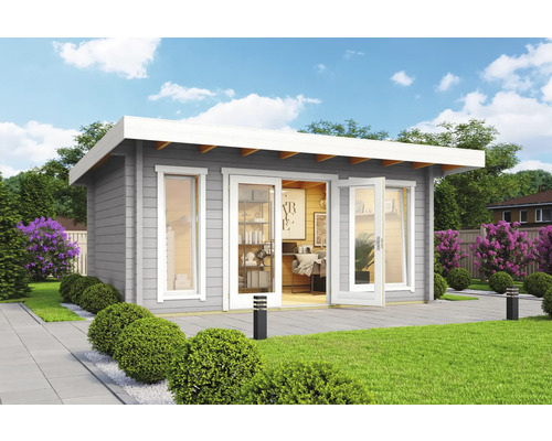 Modernes Gartenhaus mit Terrasse und großen Fenstern für viel Tageslicht.