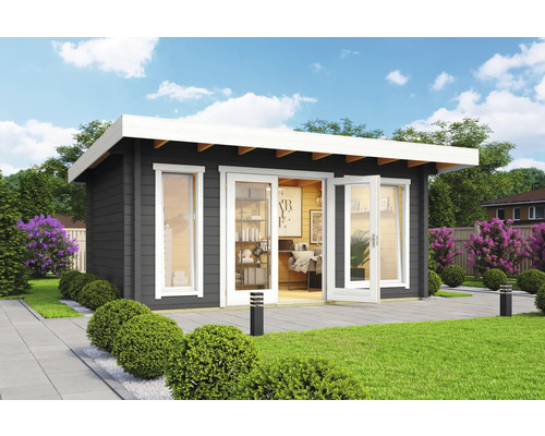 Gartenhaus Outdoor Life Dorset 72 inkl. Fußboden 510 x 360 cm carbongrau Gartenhaus aus Holz mit Fenstern und Doppeltür auf einer gepflasterten Fläche