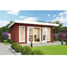 Gartenhaus mit Büroausstattung und geöffneten Doppeltüren