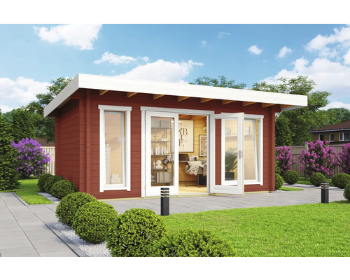 Gartenhaus mit Büroausstattung und geöffneten Doppeltüren