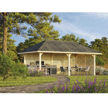 Holzpavillon mit Grill und Sitzgruppe im Garten