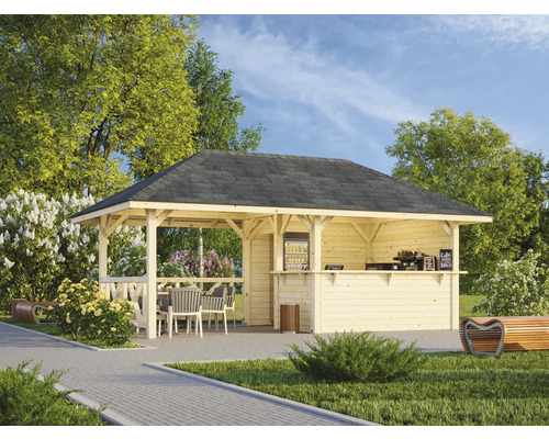 Holz Gartenbar mit Dach und Tischen im Aussenbereich