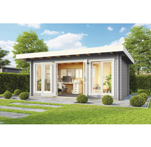 Modernes Gartenhaus mit Büroausstattung im Außenbereich auf Rasenfläche