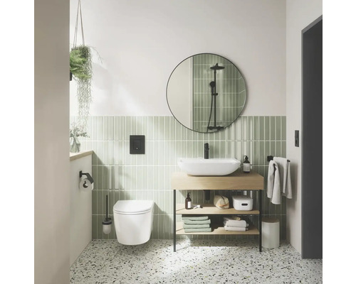 Modernes Badezimmer mit Waschtisch, Spiegel, Toilette und Dekor