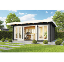 Modernes Gartenhaus mit Büroausstattung und großen Fenstern im gepflegten Garten