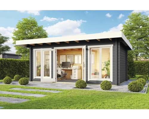 Gartenhaus Outdoor Life Dorset 73 inkl. Fußboden 540 x 360 cm carbongrau Modernes Gartenhaus mit Büroausstattung und großen Fenstern im gepflegten Garten