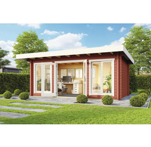 Modernes Gartenhaus mit Büroausstattung im Außenbereich.