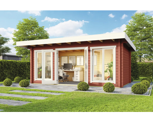 Modernes Gartenhaus mit Büroausstattung im Außenbereich.