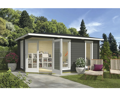 Gartenhaus Outdoor Life Edinburgh 2 inkl. Fußboden 490,3 x 322,3 cm graugrün Gartenhaus mit geöffneten Türen, Fenster und Gartenmöbeln auf einer Terrasse