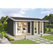 Modernes Gartenhaus mit Fenster und Tür, Holzstruktur und Flachdach