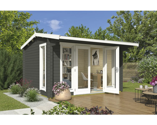 Gartenhaus Outdoor Life Jubilee 44 inkl. Fußboden 370 x 320 cm graugrün Modernes Gartenhaus mit Doppeltür und Fenster auf Holzterrasse.