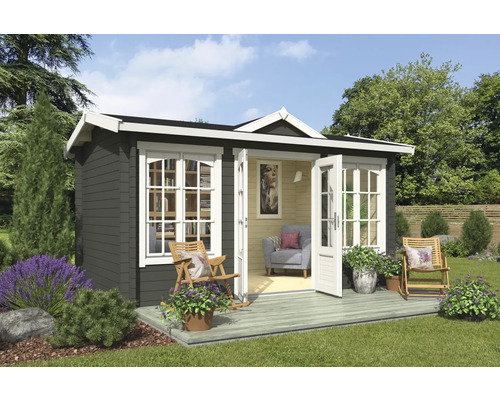 Gartenhaus Outdoor Life Kensington inkl. Fußboden 440 x 292,1 cm graugrün Gartenhaus mit offenstehenden Doppeltüren, Fenstern und Holzterrasse im Garten