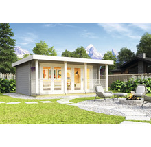 Garten Szene mit grauem Gartenhaus, Gartenmöbeln und Feuerstelle