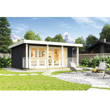 Garten Szene mit Holz Gartenhaus, Terrasse mit Sitzgruppe und Feuerstelle