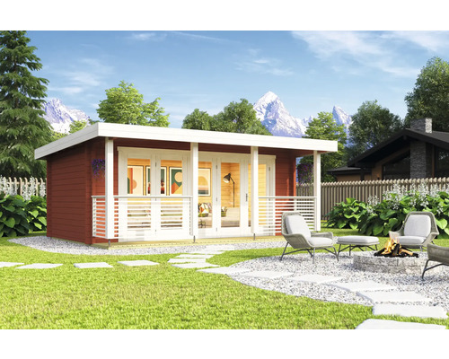 Modernes Gartenhaus mit Terrasse und Feuerstelle im Garten.