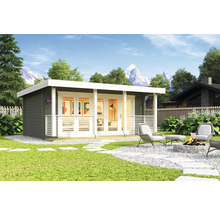 Garten mit einem modernen Gartenhaus, Terrasse, Sitzgruppe und Feuerstelle.