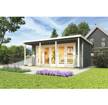 Modernes Gartenhaus mit Terrasse und begrüntem Garten