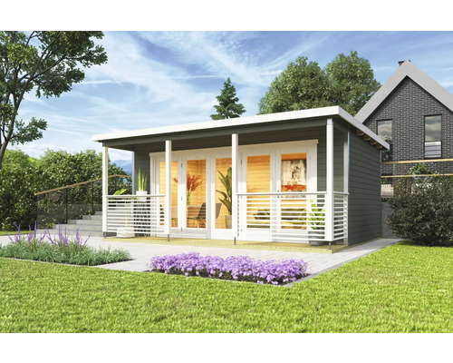 Modernes Gartenhaus mit Terrasse und begrüntem Garten
