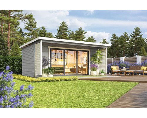 Modernes Gartenhaus mit Terrasse und Sitzgruppe im Grünen.