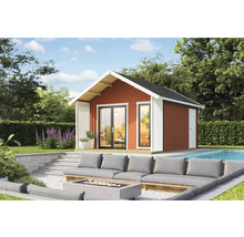 Gartenhaus aus Holz mit Terrasse, Sitzmöbeln und Pool im Garten