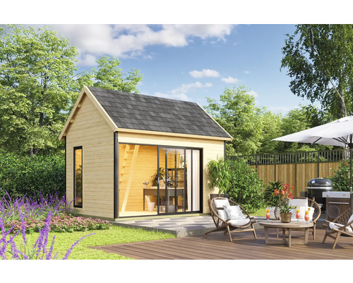 Gartenhaus mit Terrasse, Grill und Gartenmöbeln in Szene gesetzt