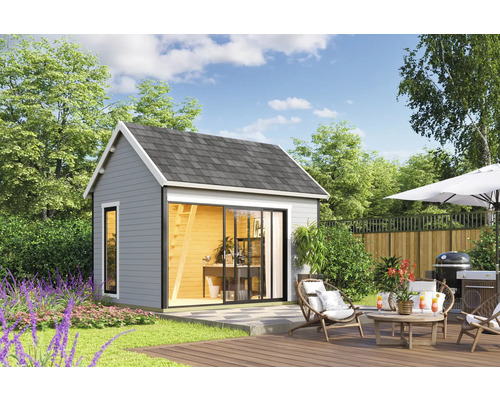 Gartenhaus mit Terrasse und Gartenmöbeln im Außenbereich