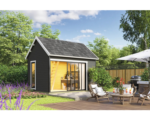 Gartenhaus mit Terrasse und Gartenmöbeln im Hintergrund