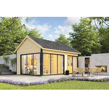 Holzgartenhaus mit Fensterfront und Terrasse im Garten