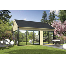 Gartenhaus mit großen Fenstern, Holzverkleidung und schwarzem Dach