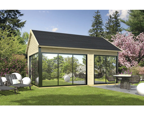 Gartenhaus mit großen Fenstern, Holzverkleidung und schwarzem Dach