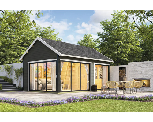 Gartenhaus mit großen Fenstern und Terrasse mit Gartenmöbeln