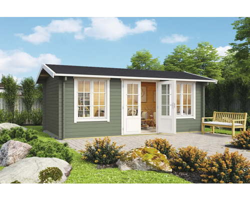 Gartenhaus aus Holz mit Fenstern und Doppeltür im Garten