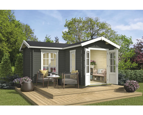 Gartenhaus Outdoor Life Portsmouth 44 inkl. Fußboden 450 x 447,6 cm graugrün Gartenhaus mit Terrasse, Gartenmöbeln und Bepflanzung
