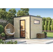 Modernes Gartenhaus mit Fenster und Tür neben einem Hängekorb