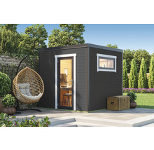 Modernes Gartenhaus mit Fenster und Tür in einem gepflegten Garten.