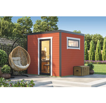 Garten mit modernem Holzgartenhaus, Hängekorbsessel und Holztruhe