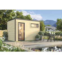 Modernes Gartenhaus mit Fenster und Tür auf einer Terrasse neben einem Teich