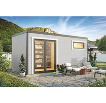 Gartenhaus mit Doppeltür, Fenster und Sitzbereich im Freien