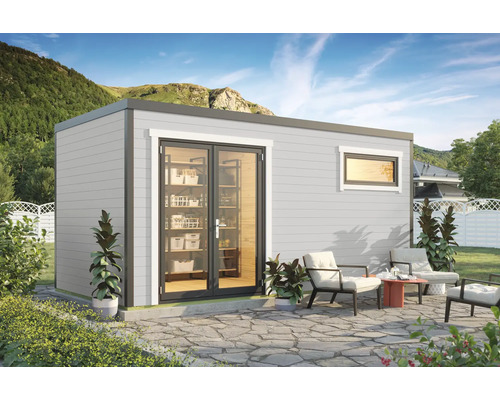 Gartenhaus mit Doppeltür, Fenster und Sitzbereich im Freien
