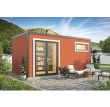 Modernes Gartenhaus mit Terrasse und Möbeln zur Aufbewahrung und Entspannung