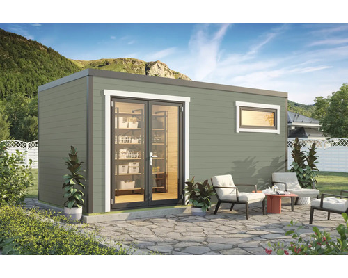 Modernes Gartenhaus mit Doppeltür und Fenster, umgeben von einer Terrasse mit Gartenmöbeln.