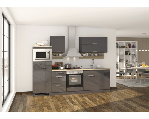 Moderne Küche mit Elektrogeräten, Schränken und Regalen.