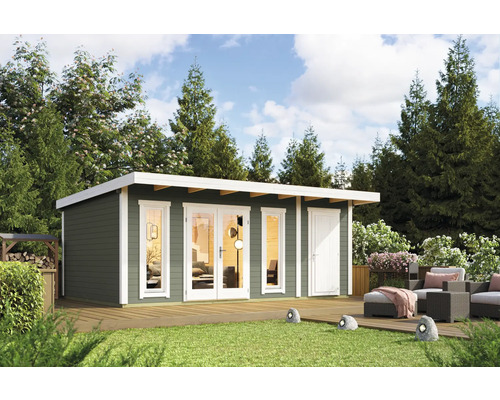 Modernes Gartenhaus mit Terrasse und Gartenmöbeln im Außenbereich.