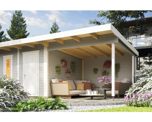 Gartenhaus mit überdachter Terrasse und Sitzbereich