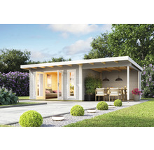 Garten Szene mit Holz Gartenhaus und Terrasse mit Sitzgruppe