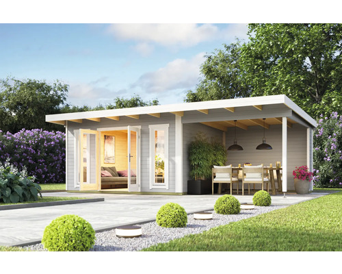 Garten Szene mit Holz Gartenhaus und Terrasse mit Sitzgruppe